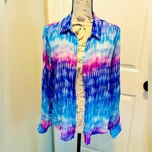 APNY Print Roll-Up Sleeve Chiffon Button-Up Blouse Purple Multi, Sz M, STUNNING